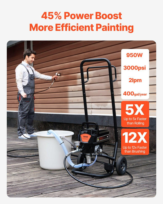 Stand Airless Paint Sprayer, 950W 3000PSI High Efficiency Electric Airless Sprayer With Cart, Fine And Even Painting Effect, Paint Sprayers for Home Interior and Exterior Furniture and Fences.