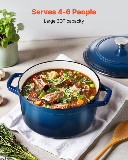Enameled Cast Iron Dutch Oven, 5.7L Pot with Lid and Dual Handles, Heavy-Duty Durable Cookware Pan, Oven Induction Compatible up to 260 â, for Braising, Stews, Roasting, Bread Baking, Blue.