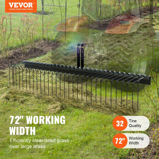 Tow Behind Landscape Rake, 1.8m Tow Dethatcher with 32 Steel Tines, Lawn Dethatcher Rake Attaches to Category 1, 3 Point Hitch for Tractor, for Leaves, Pine Needles, Straw, and Grass.