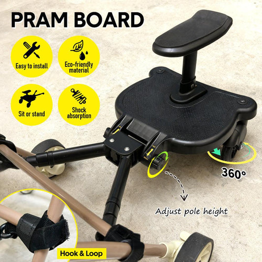 Universal Pram Board Seat and Stand Up Adjustable Buggy Board Pushchair with Bear Pattern Removable Seat Fits Most Strollers Holds Children Up to 25kg.