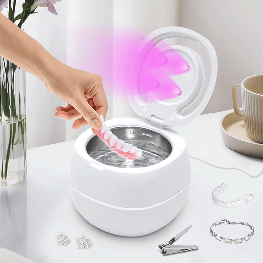 Ultrasonic UV Cleaner Portable 42khz Dual Mode Cleaner 180-220ml with Chamber and Timer for Dentures Aligner Retainer Dental and Jewellery Cleaning Machine.