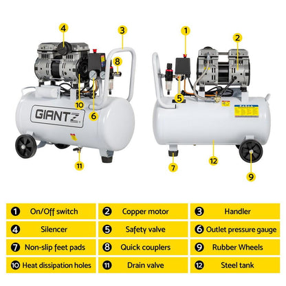 Giantz 30L Air Compressor Quiet 0.75HP Oil-Free Portable Tyre Inflator 40L/Min.