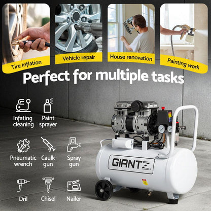 Giantz 30L Air Compressor Quiet 0.75HP Oil-Free Portable Tyre Inflator 40L/Min.