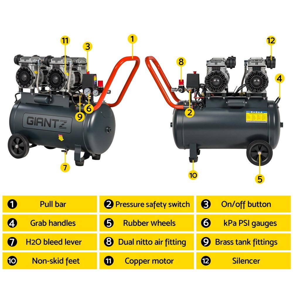 Giantz 50L Air Compressor Quiet 3.0HP Oil-Free Portable Tyre Inflator 200L/Min.