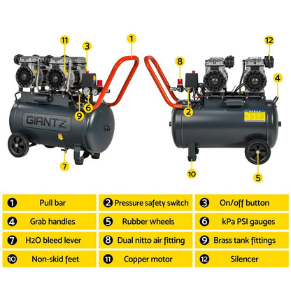 Giantz 50L Air Compressor Quiet 3.0HP Oil-Free Portable Tyre Inflator 200L/Min.