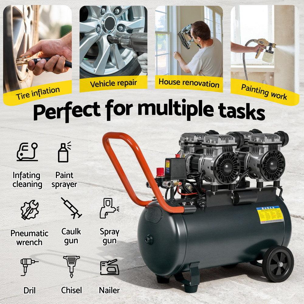 Giantz 50L Air Compressor Quiet 3.0HP Oil-Free Portable Tyre Inflator 200L/Min.