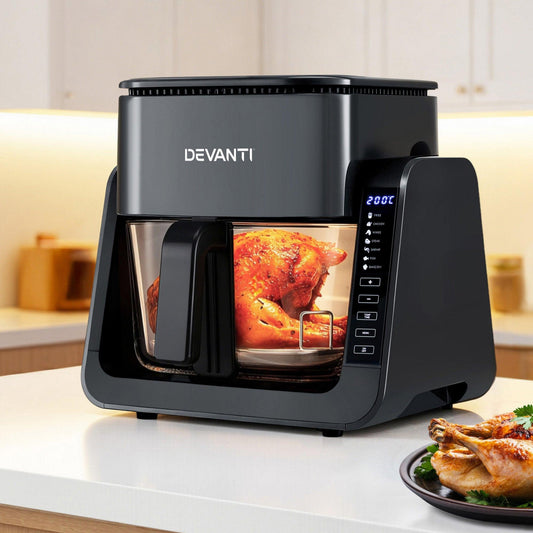 Devanti 2-IN-1 Air Fryer 5.5L Dual Zone Fryers Electric Cooker with Top BBQ Grill & Bot.