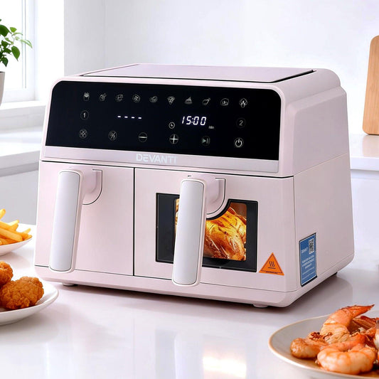 Devanti Air Fryer 9L Dual Zone Fryers 2600W Pink.