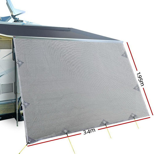 Caravan Privacy Screen Roll Out Awning 3.4x1.95M End Wall Side Sun Shade Grey.