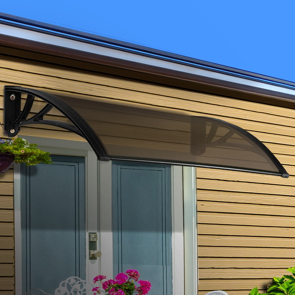 Instahut Window Door Awning Canopy 1mx2m Brown Sheet Black Plastic Frame.