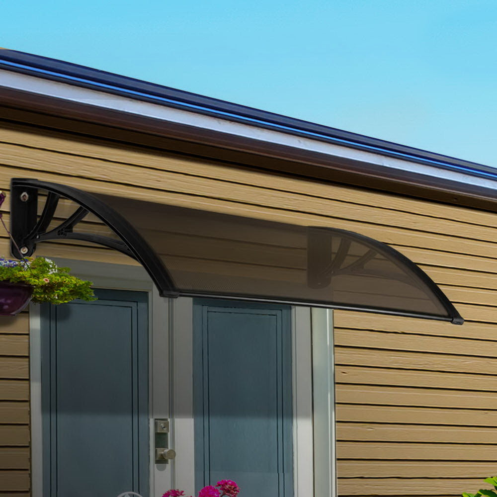 Instahut Window Door Awning Canopy 1mx2m Brown Sheet Black Plastic Frame.