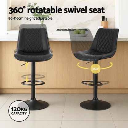 Artiss 2x Bar Stools Kitchen Swivel Gas Lift Counter Chair Diamond Leather Black.