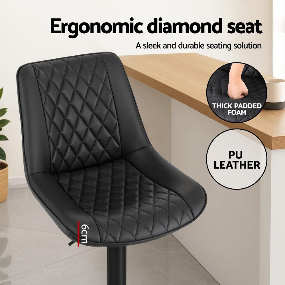 Artiss 2x Bar Stools Kitchen Swivel Gas Lift Counter Chair Diamond Leather Black.