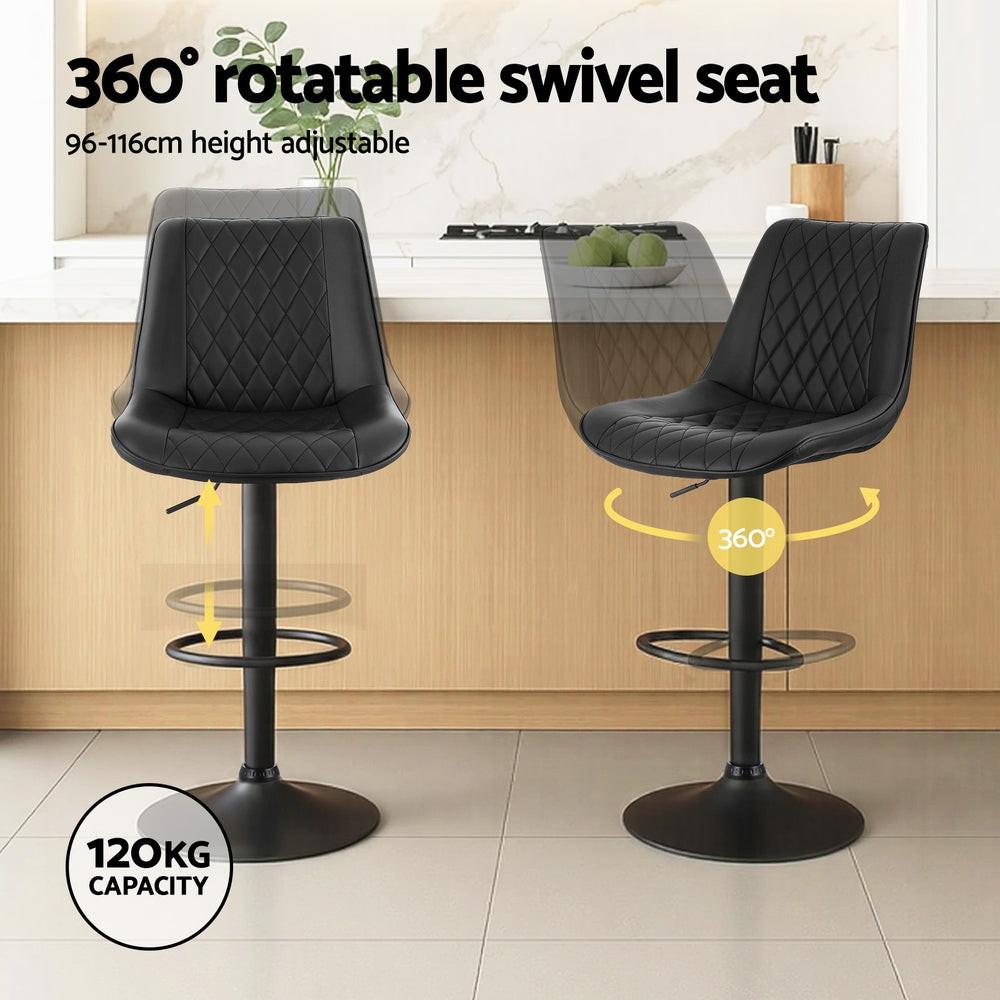 Artiss 4x Bar Stools Kitchen Swivel Gas Lift Counter Chair Diamond Leather Black.