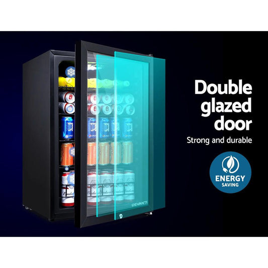 Devanti 115L Bar Fridge Glass Door w/Light Black.