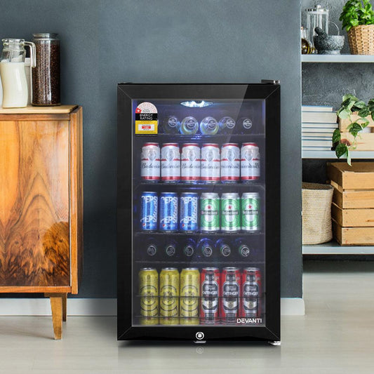 Devanti 115L Bar Fridge Glass Door w/Light Black.