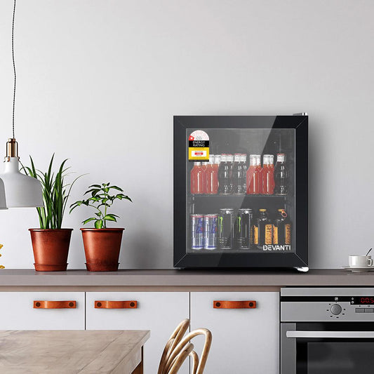 Devanti 46L Bar Fridge Glass Door Black.