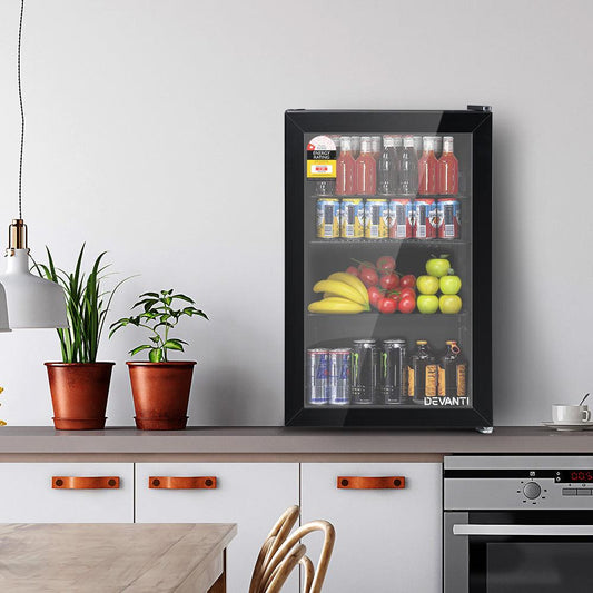 Devanti 70L Bar Fridge Glass Door w/Light Black.
