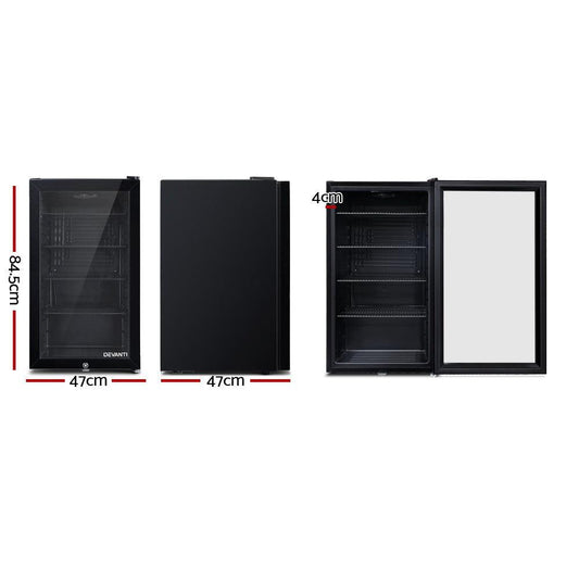 Devanti 98L Bar Fridge Glass Door Mini Fridges Freezer Black.