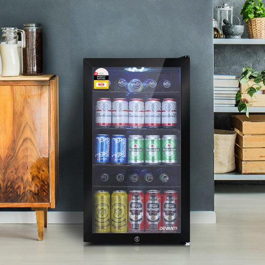 Devanti 98L Bar Fridge Glass Door Mini Fridges Freezer Black.