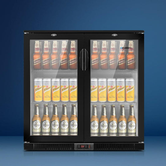 Devanti 198L Bar Fridge Dual Glass Door w/Light Black.
