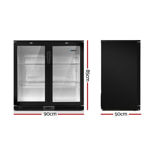 Devanti 198L Bar Fridge Dual Glass Door w/Light Black.