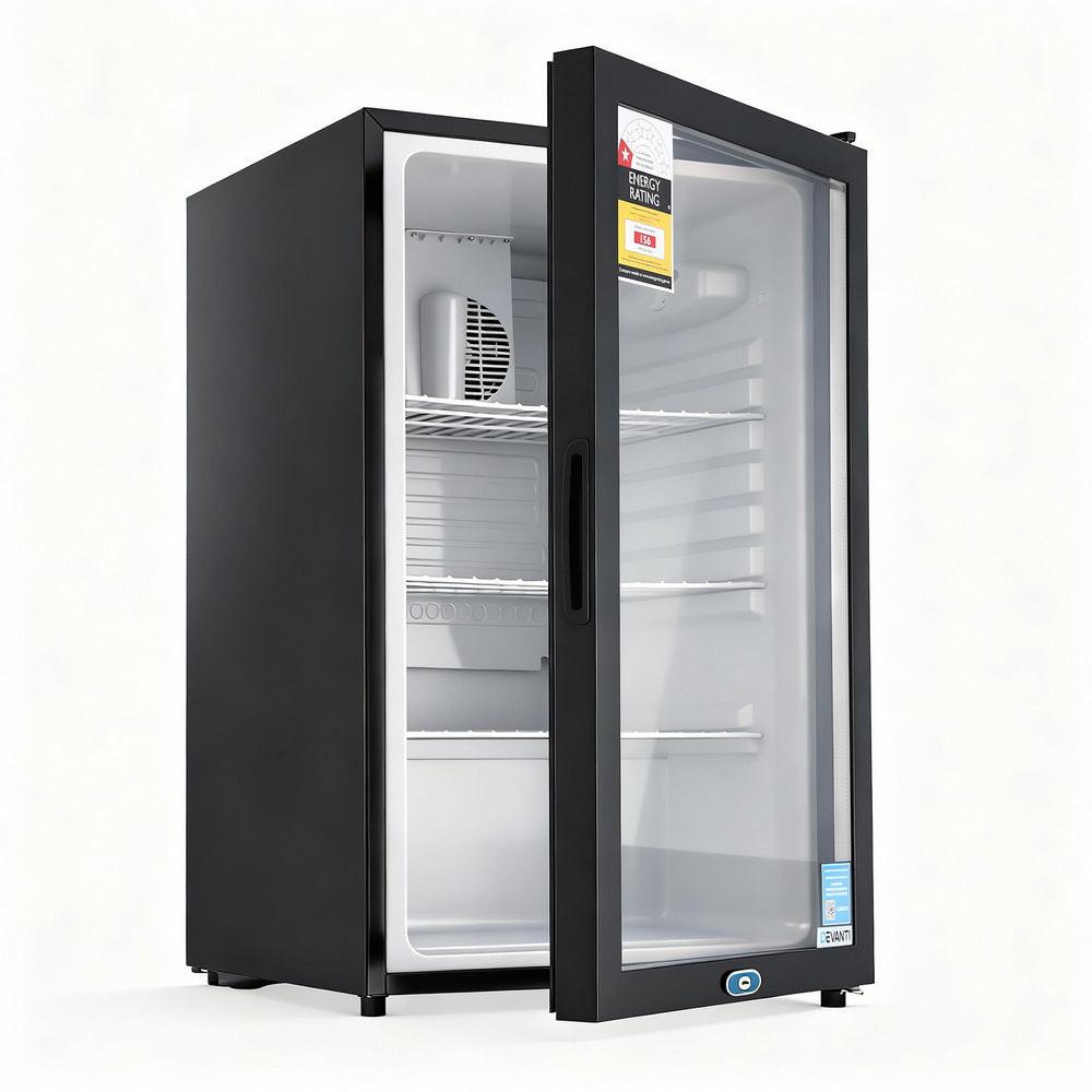Devanti 105L Bar Fridge Glass Door Mini Fridge Countertop Cooler Black.