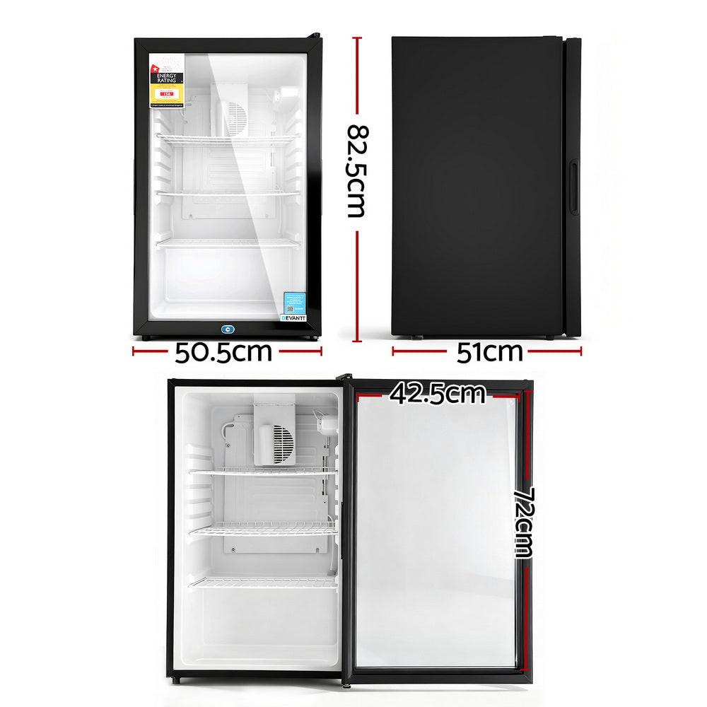 Devanti 105L Bar Fridge Glass Door Mini Fridge Countertop Cooler Black.