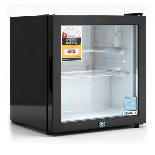 Devanti 40L Bar Fridge Glass Door Mini Fridge Countertop Cooler Black.