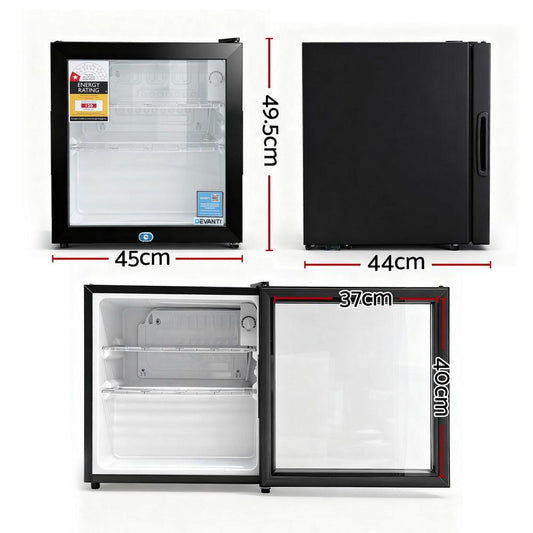 Devanti 40L Bar Fridge Glass Door Mini Fridge Countertop Cooler Black.