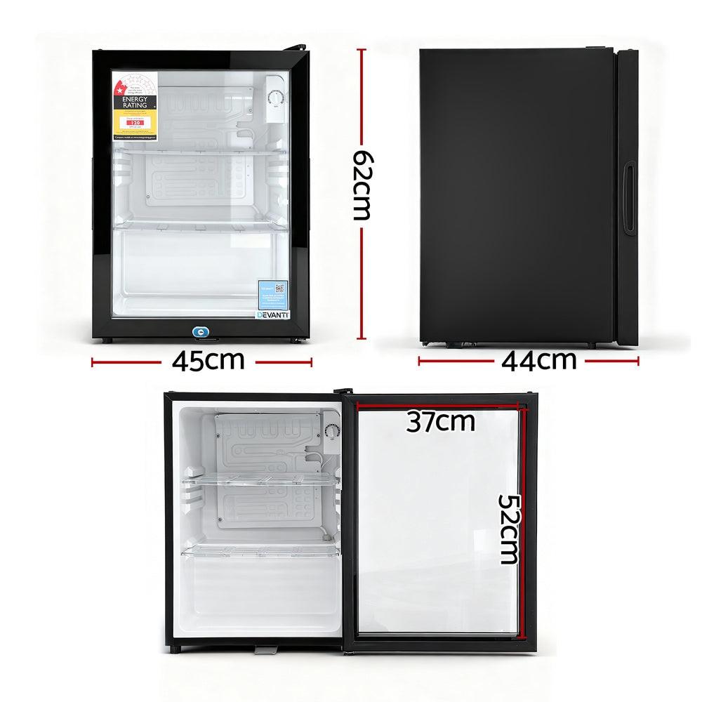 Devanti 56L Bar Fridge Glass Door Mini Fridge Countertop Cooler Black.
