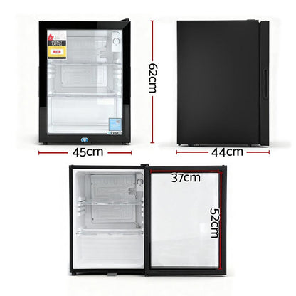 Devanti 56L Bar Fridge Glass Door Mini Fridge Countertop Cooler Black.