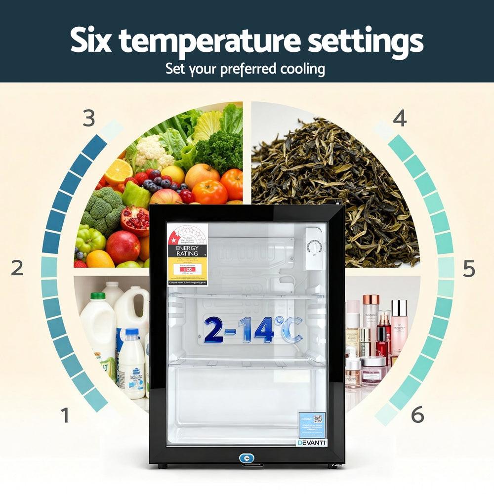 Devanti 56L Bar Fridge Glass Door Mini Fridge Countertop Cooler Black.
