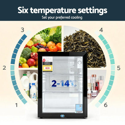 Devanti 56L Bar Fridge Glass Door Mini Fridge Countertop Cooler Black.