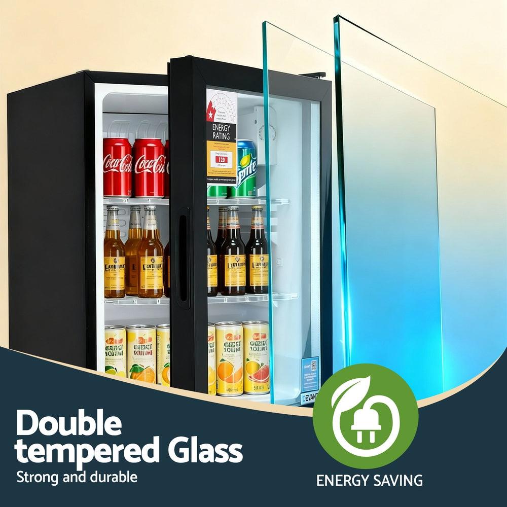 Devanti 56L Bar Fridge Glass Door Mini Fridge Countertop Cooler Black.