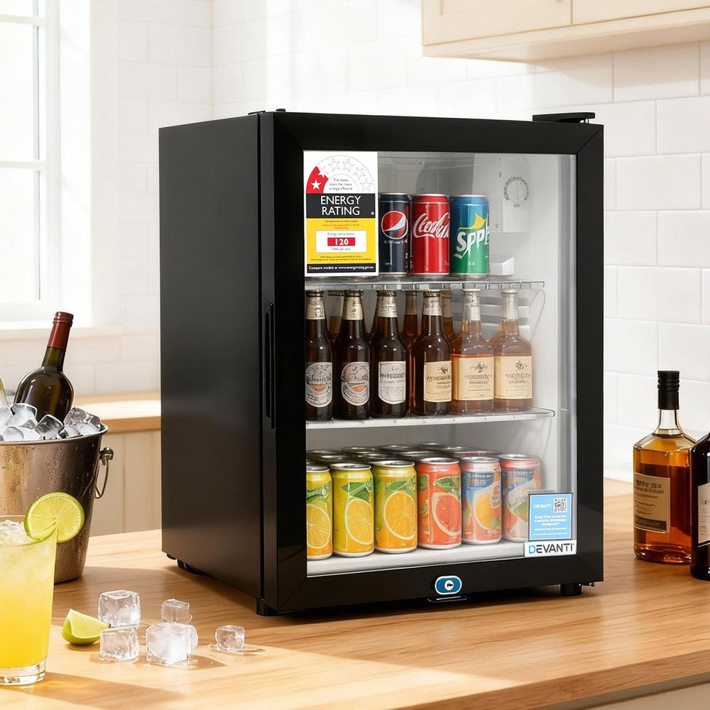 Devanti 56L Bar Fridge Glass Door Mini Fridge Countertop Cooler Black.