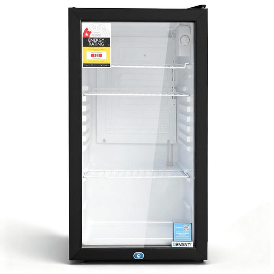 Devanti 78L Bar Fridge Glass Door Mini Fridge Countertop Cooler Black.