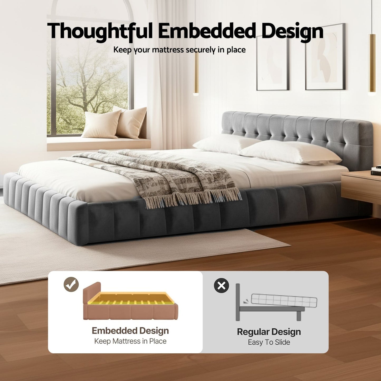 Artiss King Size Bed Frame Plush Soft Headboard Velvet Platform Base for Modern Bedrooms Grey