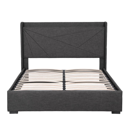 Artiss Double Bed Frame Gas Lift Storage Bed with Charging Ports Upholstered Geometric Headboard Charcoal Grey