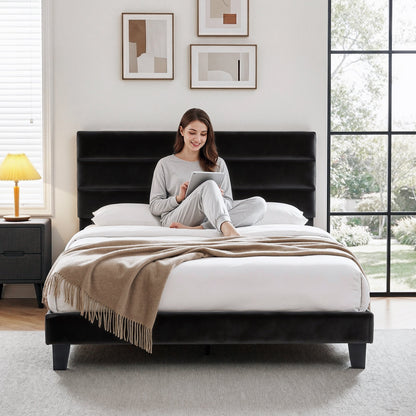 Artiss Queen Bed Frame Upholstered Platform Base with Geometric Headboard Black Velvet