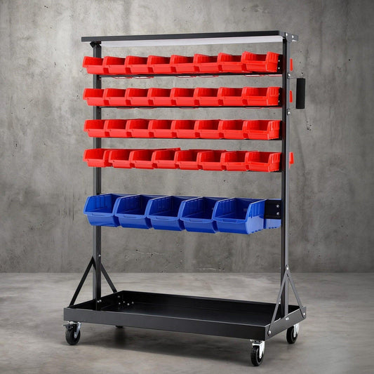 Giantz 74 Bins Storage Rack Double Sided Mobile Garage Workshop Tools Organizer.