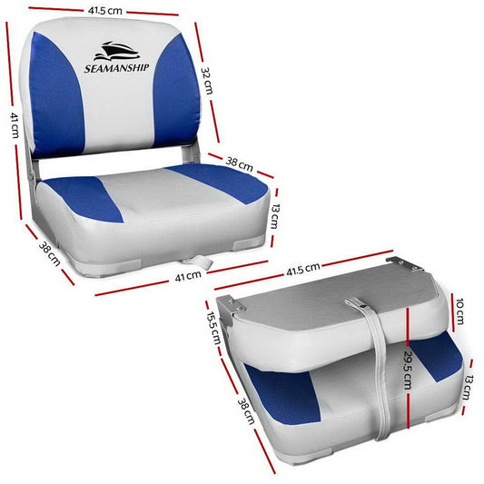 Seamanship 2X Folding Boat Seats Marine Swivel Low Back 13cm Padding Grey Blue.