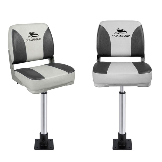 Seamanship 2X Folding Boat Seats with 2X Adjustable Pedestals 55â75cm Marine Swivel Low Back 13cm Padding Charcoal.