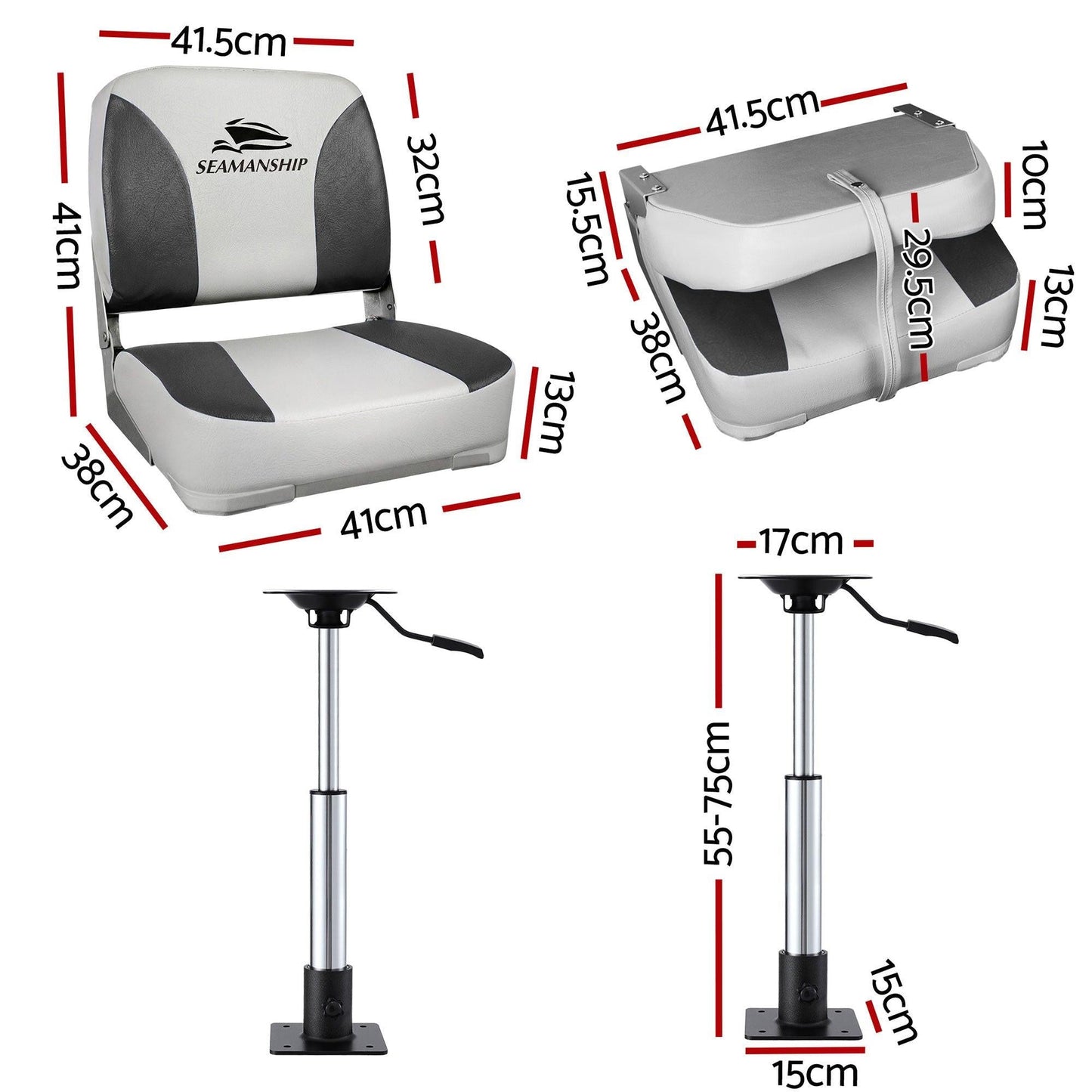 Seamanship 2X Folding Boat Seats with 2X Adjustable Pedestals 55â75cm Marine Swivel Low Back 13cm Padding Charcoal.