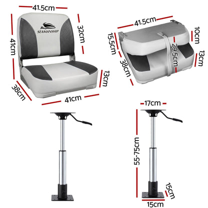 Seamanship 2X Folding Boat Seats with 2X Adjustable Pedestals 55â75cm Marine Swivel Low Back 13cm Padding Charcoal.