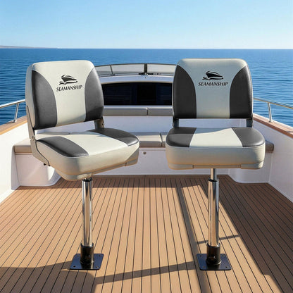 Seamanship 2X Folding Boat Seats with 2X Adjustable Pedestals 55â75cm Marine Swivel Low Back 13cm Padding Charcoal.