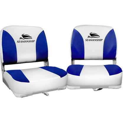 Seamanship 2X Folding Boat Seats Marine Swivel Low Back 13cm Padding White Blue.