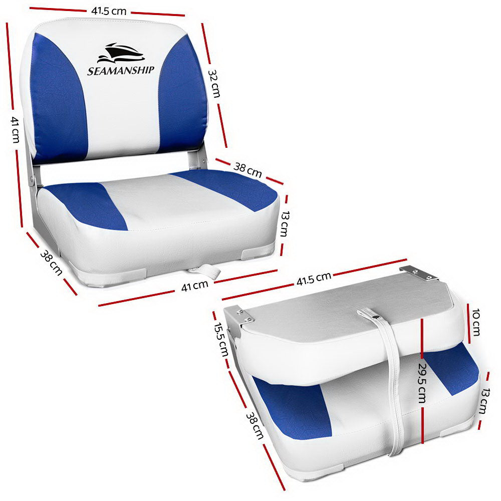 Seamanship 2X Folding Boat Seats Marine Swivel Low Back 13cm Padding White Blue.