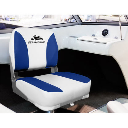 Seamanship 2X Folding Boat Seats Marine Swivel Low Back 13cm Padding White Blue.