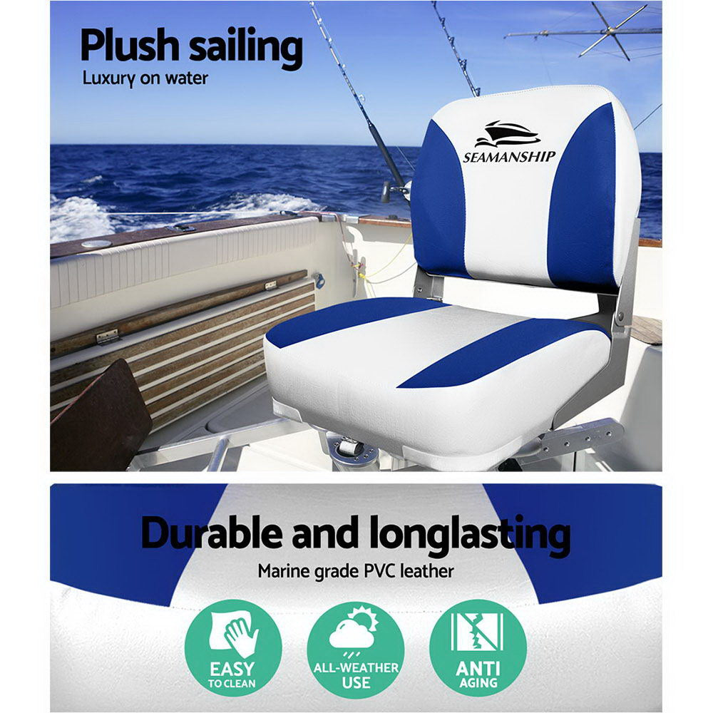 Seamanship 2X Folding Boat Seats Marine Swivel Low Back 13cm Padding White Blue.